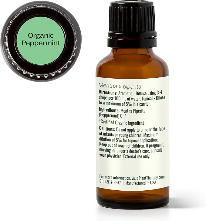 Plant Therapy Organic Peppermint Essential Oil 100% Pure, USDA Certified Organic, Undiluted, Natural Aromatherapy, for Diffusion, Skin, Hair, Therapeutic Grade 30 mL (1 oz)