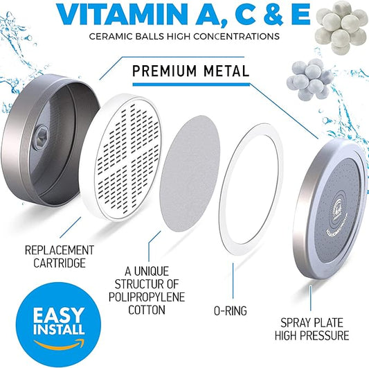 AquaHomeGroup Luxury Filtered Shower Head (Metal) 2 Cartridges Vitamin C+E+A + 5 Shower Caps - Reduses Chlorine & Sediments - Consistent Water Pressure - Massage and SPA Effery Shower Head
