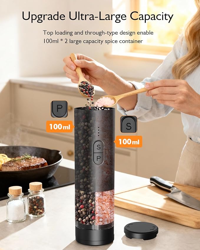 Electric Salt and Pepper Grinder Set, 2 in 1 Dual Bins USB Rechargeable Refillable Automatic Salt and Pepper Mill Shaker with LED Light, Dual Ceramic Grinder Adjustable Coarseness, House Warming Gift
