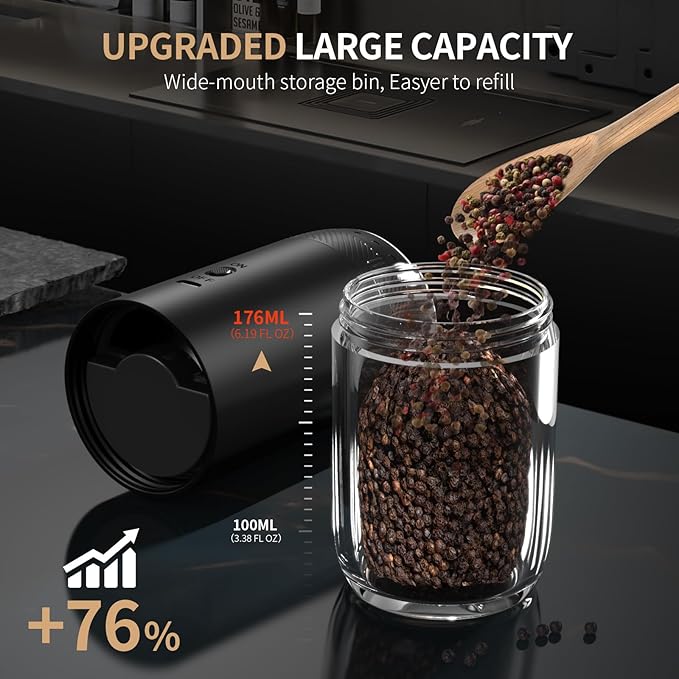 Gravity Electric Salt and Pepper Grinder Set, Automatic Salt and Pepper Mill Sets with LED Light, Type C Charging, Adjustable Coarseness, Large Capacity(1 Pack/Stainless Steel)