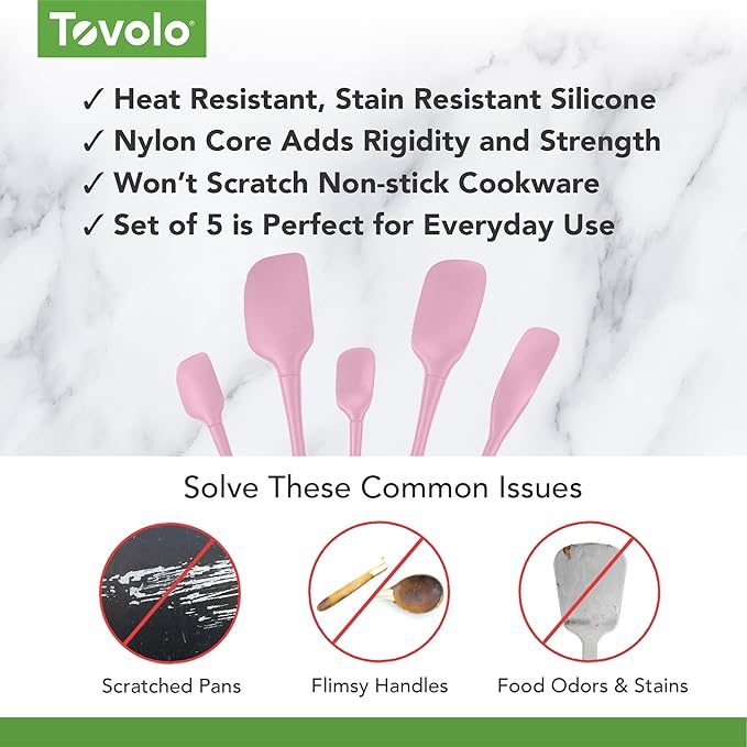 Tovolo Flex Core Spatula All Silicone Spatula Set High Heat Resistant Set of 5 Cooking Utensils Set Includes Spatula Spoonula Jar Scraper and Mini Dishwasher Safe Non Stick Cookware, Pink Sorbet