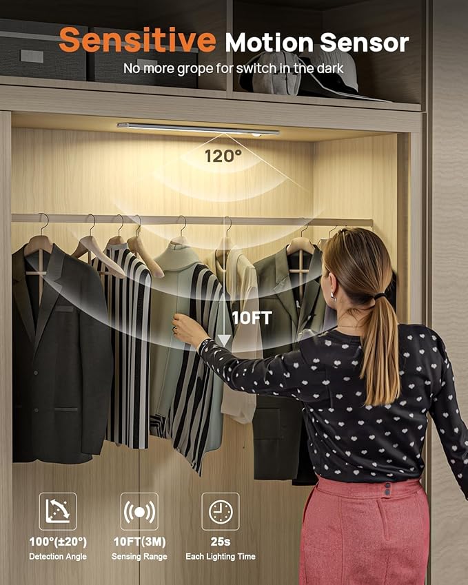 16in Under Cabinet Lighting Wireless, 160 LED Motion Sensor Light Indoor, Rechargeable Closet Lights with Remote Control, 3 Color Temps Under Counter Lights for Kitchen, Pantry, Stair, 5 Pack