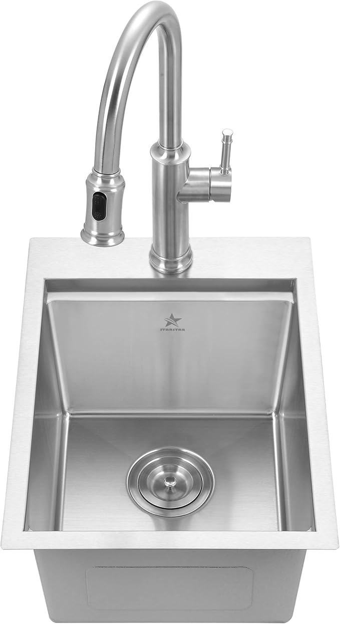 STARSTAR Workstation Ledge Topmount/Drop-in Single Bowl 304 Stainless Steel Kitchen/Yard/Bar/Laundry/Office Sink, With Grid, Cutting Board, Strainer (15 x 17 x 9)