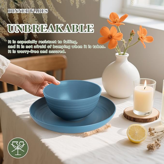 Wrova Wheat Straw Dinnerware Sets of 20,Dishwasher Safe Kitchen Plates and Bowls Sets,Camping Dishes Sets Contains Dinner Plates,Cereal Bowls,Drinking Cups and Flatware.(Blue)