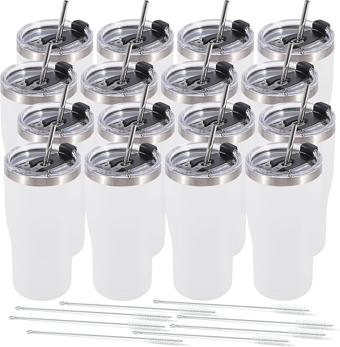 Dongni 20oz Tumbler with Lid Stainless Steel Tumblers Bulk, Double Wall Vacuum Insulated Coffee Travel Mug Powder Coated Tumbler（White 16 pack）