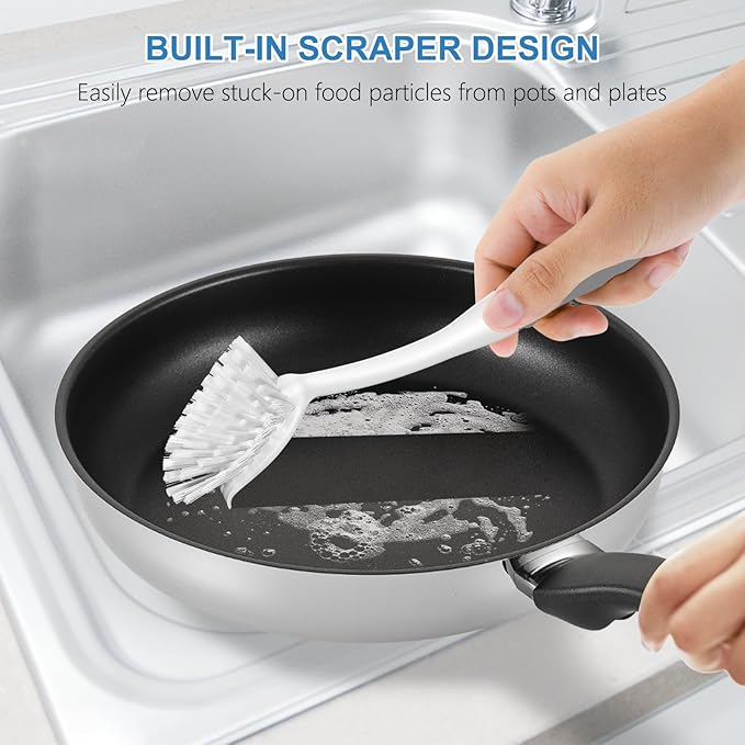 SetSail Dish Brush with Handle, 2 Pack Stiff Bristles Dish Scrubber with Built-in Scraper Dish Scrub Brushes for Cleaning Dishes, Pots and Pans, Kitchen Sink, Grey