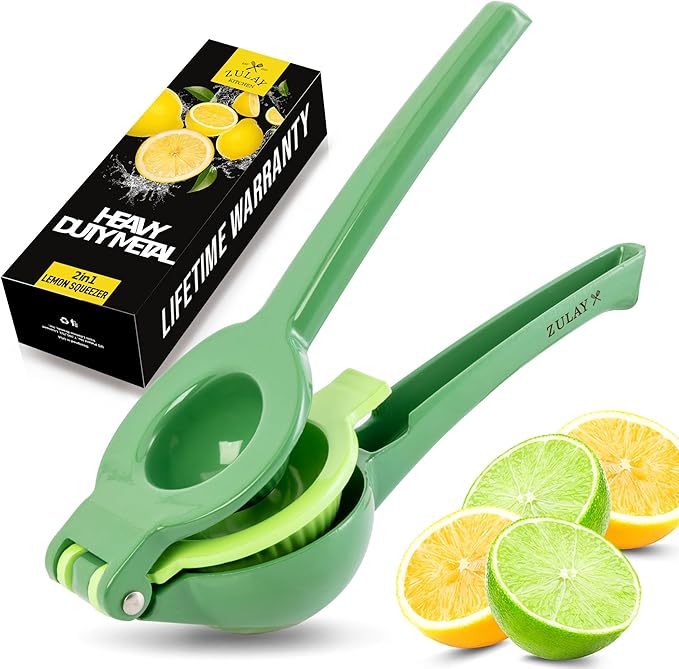 Zulay Kitchen Metal 2-in-1 Lemon Squeezer - Sturdy Max Extraction Hand Juicer Lemon Squeezer Gets Every Last Drop - Easy to Clean Manual Citrus Juicer - Easy-Use Lemon Juicer Squeezer - Green/Lime