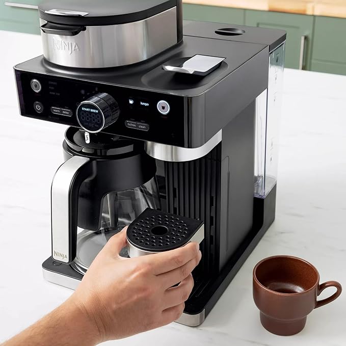 Ninja CFN601 Espresso & Coffee Barista System, Single-Serve Coffee & Compatible with Nespresso Capsule, 12-Cup Carafe, Built-in Frother, Cappuccino & Latte Maker, Black & Stainless Steel (Renewed)