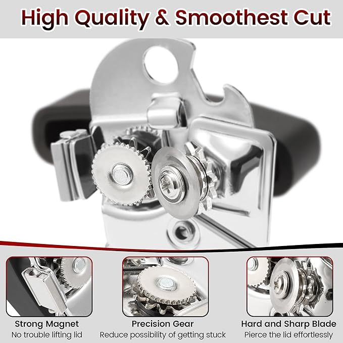 Can Opener Manual with Magnet, Vayvnt Heavy Duty Stainless Steel Can Opener Smooth Edge, Rubber Grip Handle & Easy Turn Knob, Multifunctional Kitchen Gadget for Seniors, Sharp Cutting Blade, Black
