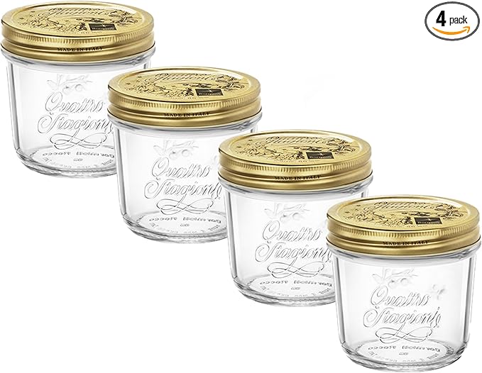 Bormioli Rocco Quattro Stagioni set of 4 Clear Airtight Mason Jars, 6.75 Oz. Made from BPA Free Durable Glass, Made In Italy.