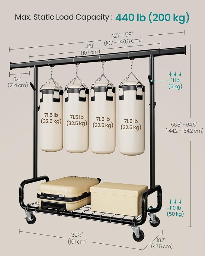 SONGMICS Clothes Rack, Heavy-Duty Rolling Clothing Garment Rack with Wheels, Extendable Hanging Rod and Adjustable Height, Portable, with Shelf and Hooks, Ink Black UHSR014B01