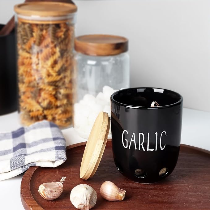 HAOTOP Ceramic Garlic Keeper for Counter, Garlic Saver Container with Wood Lid, Garlic Keeper for Kitchen, Garlic Holder to Keep Your Garlic Cloves Fresh Longer (Black)