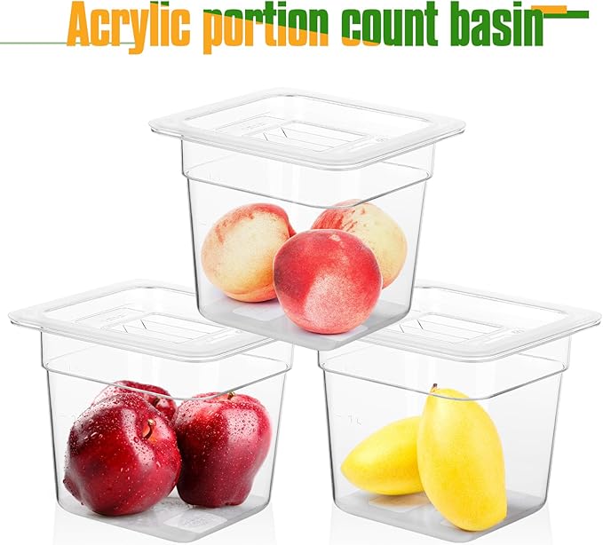 6 Pack Plastic Food Pans with Lids 1/6 Size 6'' Deep Restaurant Food Containers Stackable Clear Polycarbonate Commercial Hotel Pans with 1 Plastic Spoon for Fruits Vegetables