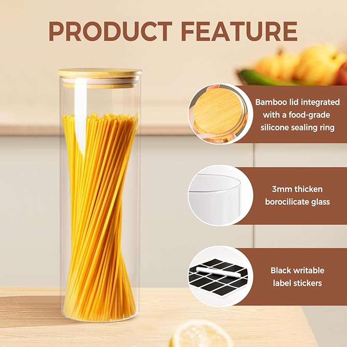 Glass Food Storage Containers for Pasta Spaghetti, 11in Tall Glass Jars with Airtight Bamboo Lids, Kitchen Storage Pantry Jars Organizers, For Cookies Flour Cereal Coffee Beans (Set of 3)