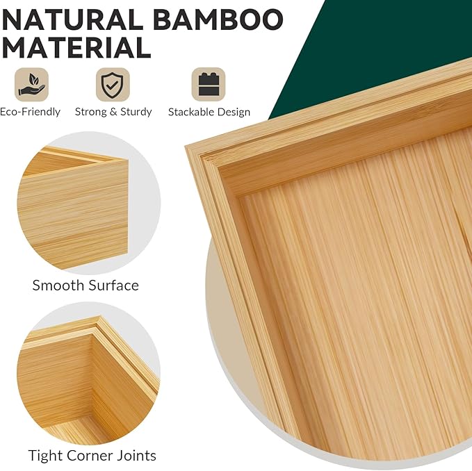 Bamboo Kitchen Drawer Organizer, Stackable Utensil Holder Silverware Organizer Cutlery Tray - 2PCS Organizer Bins for Makeup Jewelries Flatware in Bathroom, Office Desk, Cabinets, 15x6x2 inch