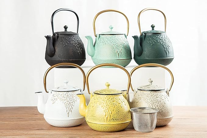 TOPTIER Japanese Cast Iron Tea Kettle with Stainless Steel Infuser, Cast Iron Teapot Stovetop Safe, Leaf Design Teapot Coated with Enameled Interior, 32 Ounce (950 ml), Lilac Purple