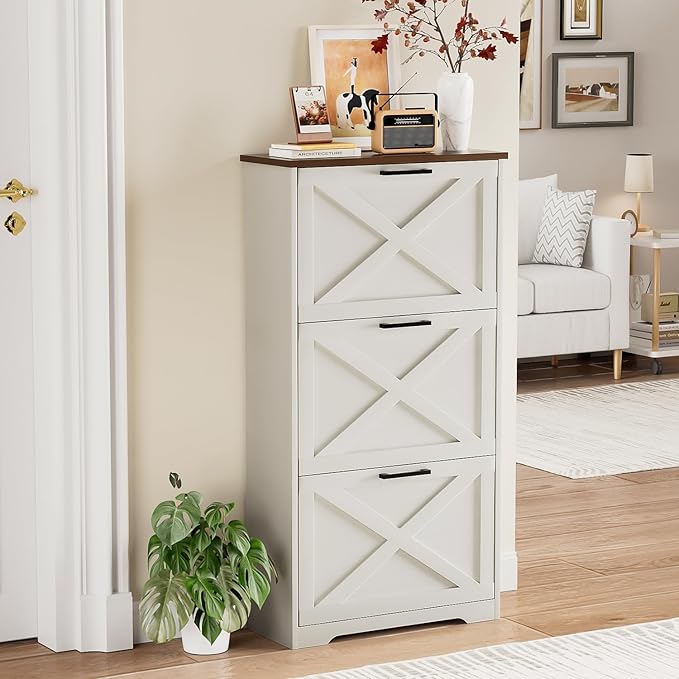 Shoe Cabinet for Entryway with 3 Flip Drawers, 3 Tier Freestanding, Slim Narrow Shoe Organizer Cabinet for Entryway, Hallway, Living Room White
