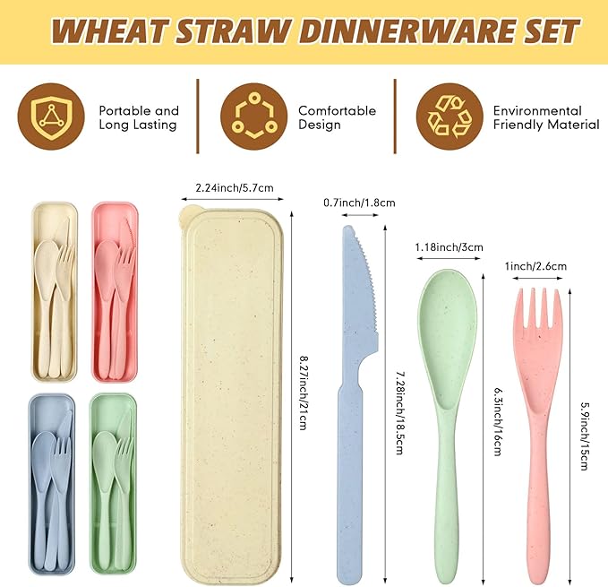 Jinei 50 Sets Reusable Travel Utensils Set with Case Wheat Straw Cutlery Portable Spoon Knife Forks Lunch Box Accessories Friendly Tableware for Kids Adults Camping Utensils(Bright)