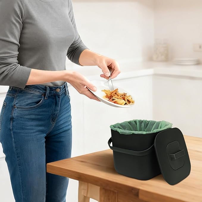 7-Liter Compost Bin Kitchen Countertop Trash Can with Lid - Odorless Compost Bin Outdoor with Filters