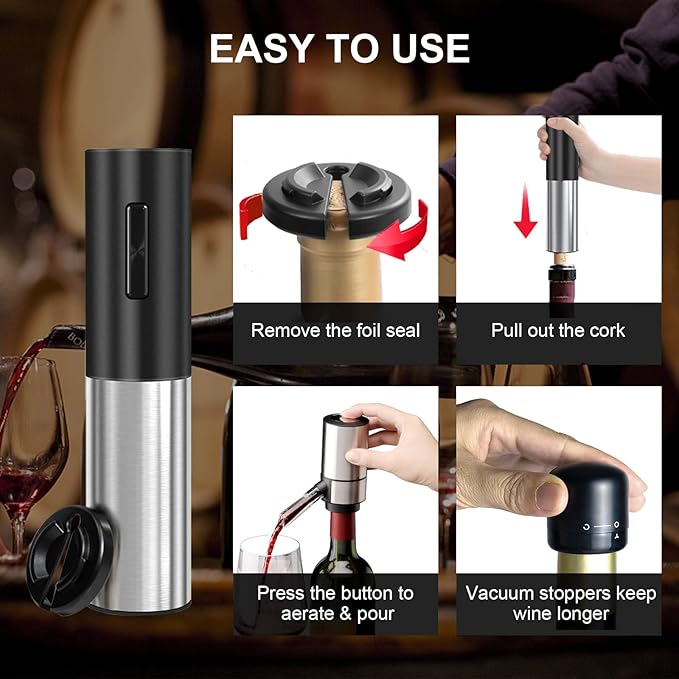 Wine Gifts-Electric Wine Opener and Aerator Set-Wine Dispenser Battery Operated, Rechargeable Wine Bottle Opener & Pourer with Foil Cutter, Vacuum Stoppers