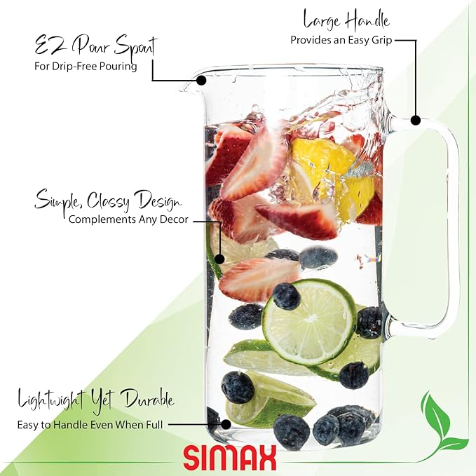 Simax Glass Pitcher, 64 Ounce (2 Quart) Borosilicate Glass, Made in Europe Hot and Cold Safe Iced Tea Pitchers for Drinks, Water, Lemonade Pitcher, Cocktail Jug, Sangria Pitchers