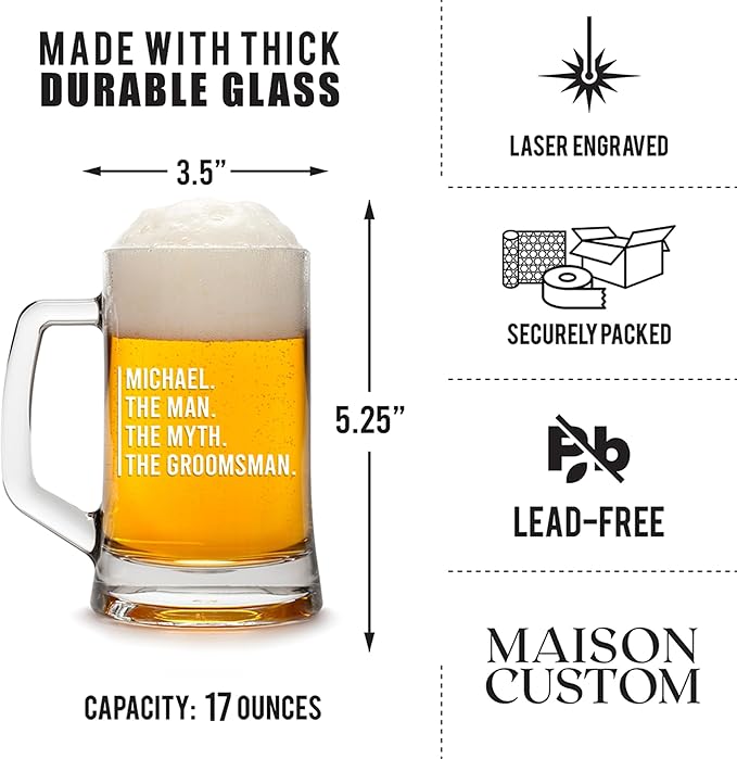 Groomsmen Gifts - Personalized Beer Mugs - Groomsmen Proposal Gift Idea - Customized Gift for Groom, Best Man, Groomsman - Custom Engraved Beer Mugs for Grooms Men - Groomsmen Beer Glasses (Design F)