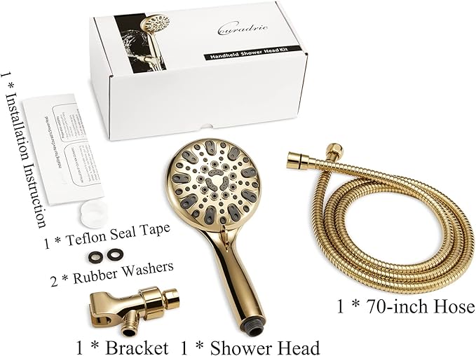 Handheld Shower Head, 6 Spray Setting High Pressure Shower Head with Brass Swivel Ball Bracket and Extra Long Stainless Steel Hose, Polished Brass, 5"