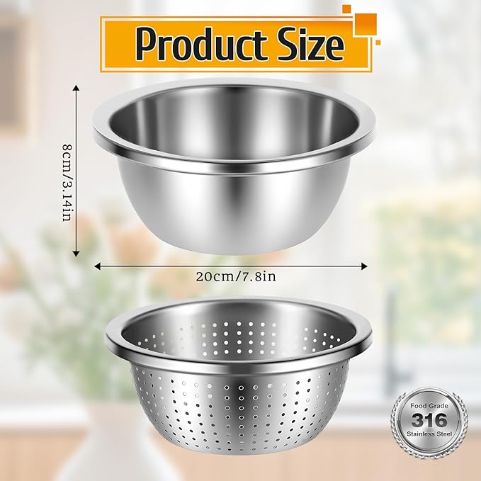 304 Stainless Steel Colander 5 Quart Large Capacity with Mixing Bowl, Large Bowl for Kitchen, Rice Strainer for Fruit Vegetable Washing, Pasta Straining and Food Mixing