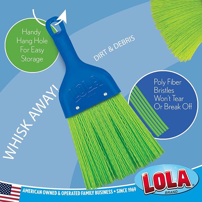 LOLA Heavy Duty Whisk Broom, Hand Brush, 2 Pack Durable Bristles, Whisks Away Dirt & Debris, Compact, Hang Hole for Easy Storage, Indoor/Outdoor