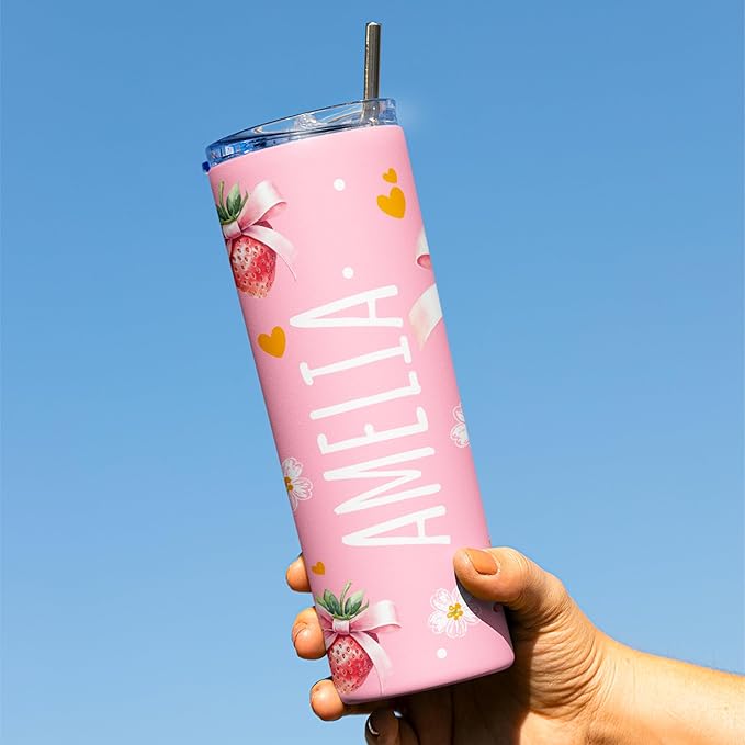 Personalized 20 Oz Skinny Tumbler - Custom Name Skinny Tumbler with Summer Design, BPA-Free Stainless Steel, 6 Designs - Customized Summer Gift