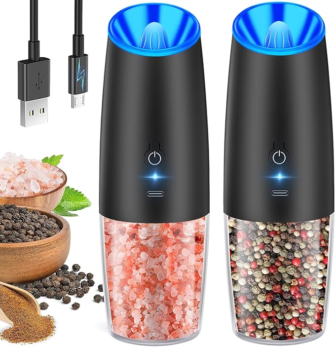 RECHARGEABLE - Gravity Electric Pepper and Salt Grinder Set, Adjustable Coarseness, With LED Light, One Hand Automatic Operation, Stainless Steel Black, (2 Pack Black)