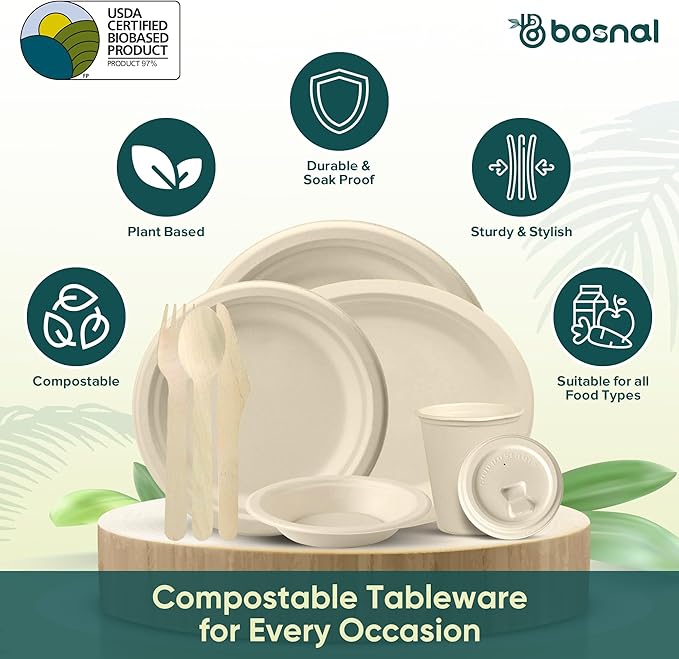 BOSNAL 10 inch & 7 inch Round Plates, 10 inch Oval Plates, 16 oz Bowls & 8 oz Cups with Lids & Cutlery – 100% Plant-Based Bagasse, Eco-Friendly, Compostable, Microwave Safe, Durable Dinnerware Set