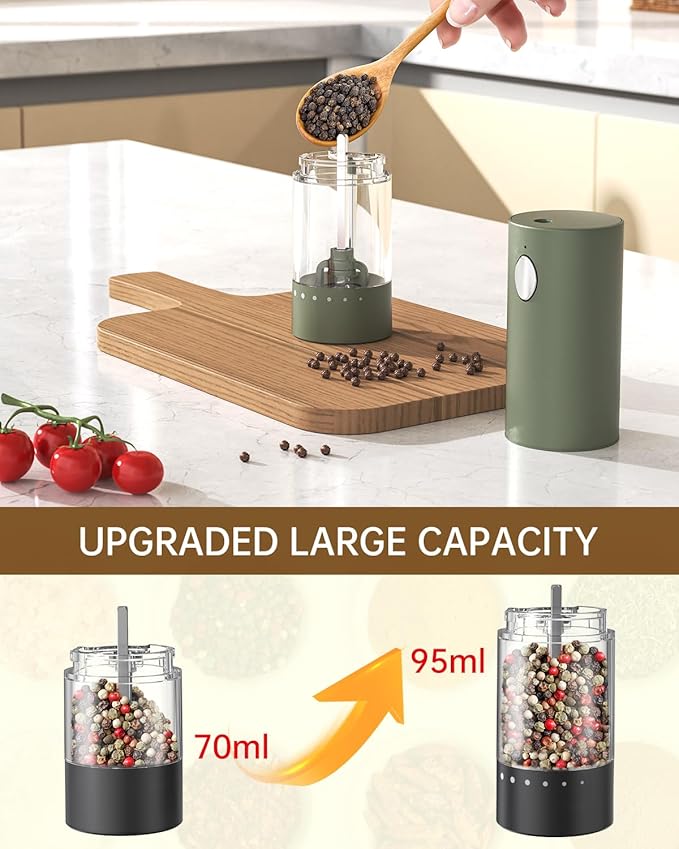 CIRCLE JOY Electric Salt and Pepper Grinder Set Automatic Salt and Pepper Grinder Set with Easy-to-Carry Charging Base and LED Light, USB Rechargeable, Upgrade External Adjustable Coarseness, Green