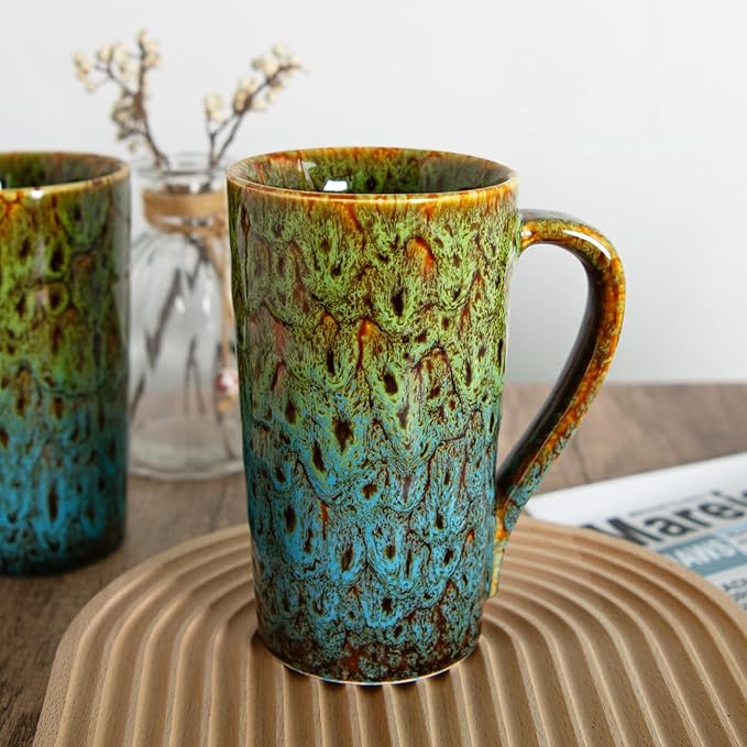 20oz Porcelain Coffee Mugs Set of 2, Large Tall Coffee Mugs with Handles, Modern Ceramic Coffee Cups for Coffee, Tea, Cocoa, Milk, Gifts for Women Men - Green & Blue