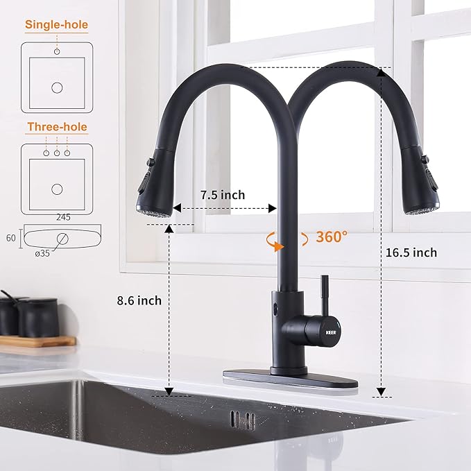 Keer Touchless Kitchen Faucet with Pull Down Sprayer, Motion Sensor Kitchen Faucet with Kitchen Soap Dispenser, Single Kitchen Faucet High Arc Pull Out Faucet for RV Kitchen,Matte Black