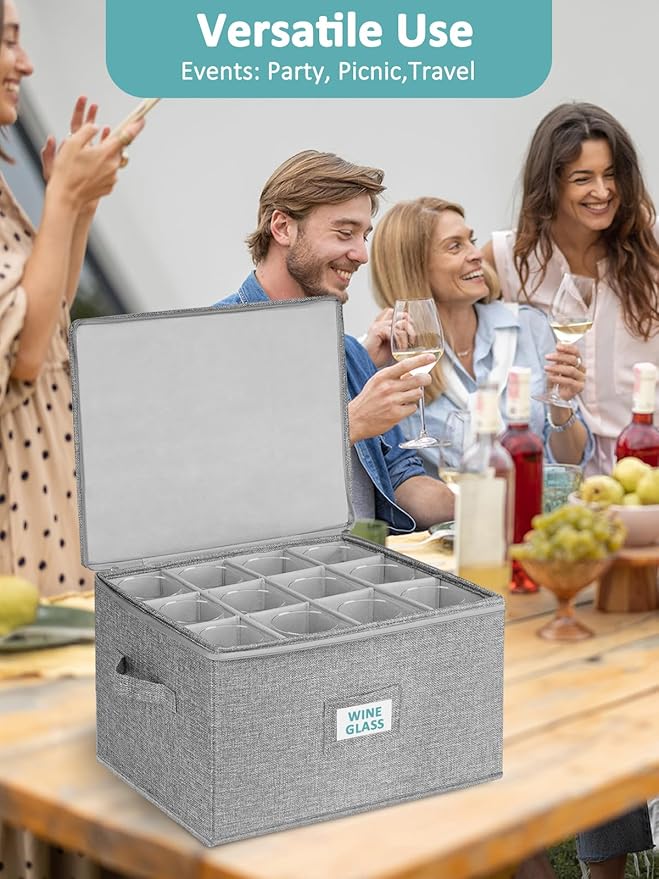 Cirhy Wine Glass Storage Box, Stackable Rigid-Shell Glassware Storage Containers with Dividers & Handles, Holds 24 Crystal Glasses, 2-Pack Protective Stemware Organizer for Moving, Kitchen Storage