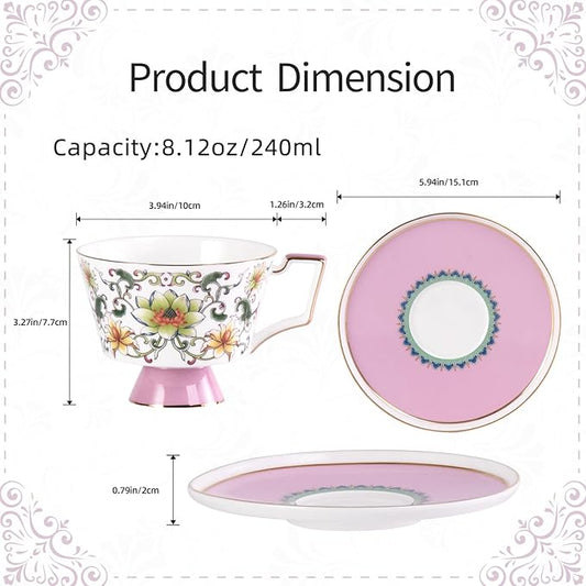KAMMAK Ceramic Coffee Cups Saucers Set of 2, Porcelain Espresso Cups with Saucers, 8.12 oz Handcrafted Elegant Bone China Tea Cups, Lotus Floral Pattern Teacup for Party, Office, Women Gift