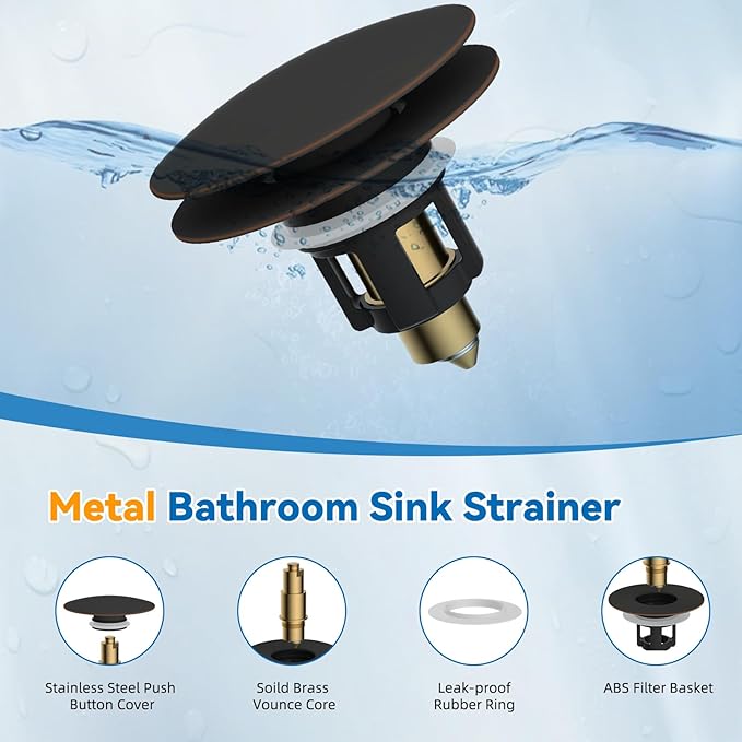 iFealClear 2 Pack Universal Bathroom Sink Stopper, Pop Up Sink Drain Strainer with Hair Catcher, Fit 1.1"-2.36" US Basin, Wash Basin Drain Plug with Big Cover Cap, Brass Bounce Core, Oil Rubbed Bronze