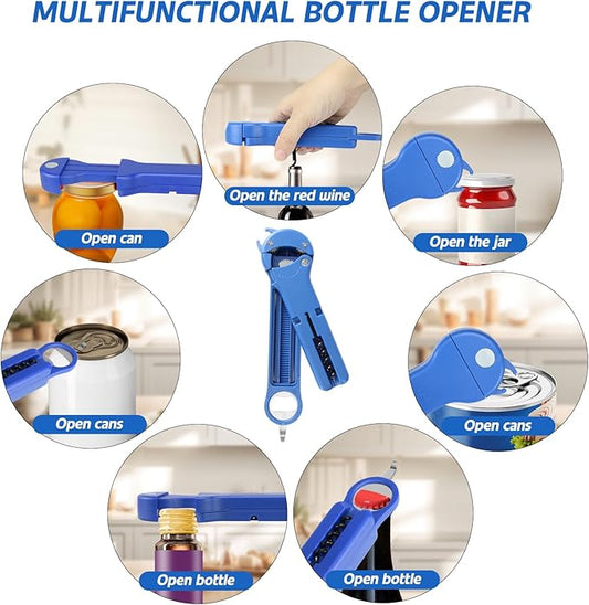 7 in 1 Jar Opener Bottle Opener and Wine Opener for Seniors with Arthritis, Weak Hands, Multi Retractable Magnetic Can Opener, Original Kitchen Lid Opener Tool (Blue)