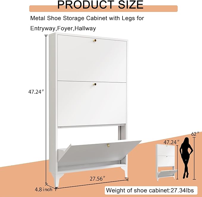 Shoe Cabinet with 3 Flip Drawers, Narrow Shoe Storage Cabinet, Farmhouse Shoe Organizer, Freestanding Organizer with Metal Legs for Entryway, Foyer (3 Door, White)