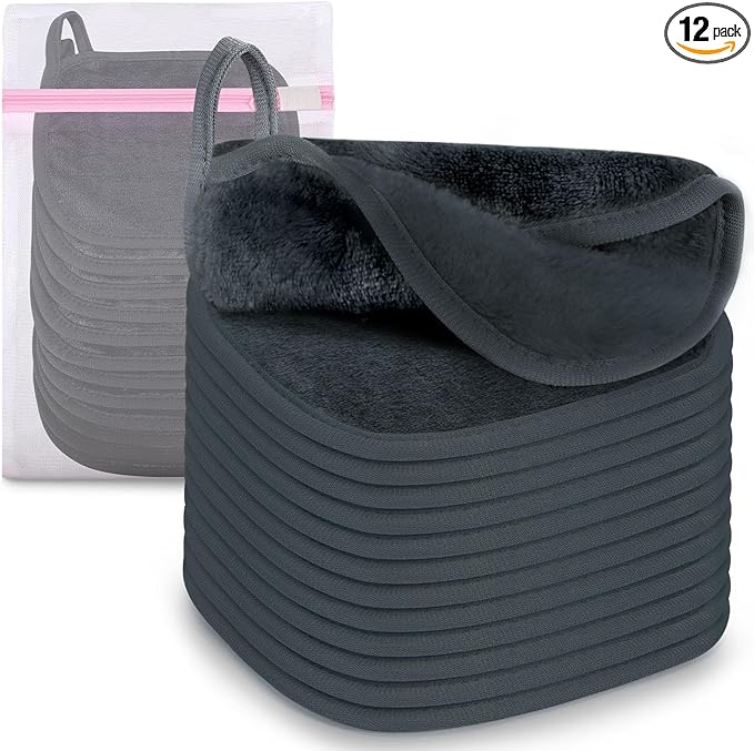 12 Pack Makeup Remover Cloth, 6" x 6" Reusable Makeup Remover Towels Face Washcloth for Washing Face, Makeup Remover Pads Cosmetic Face Wash (Grey)