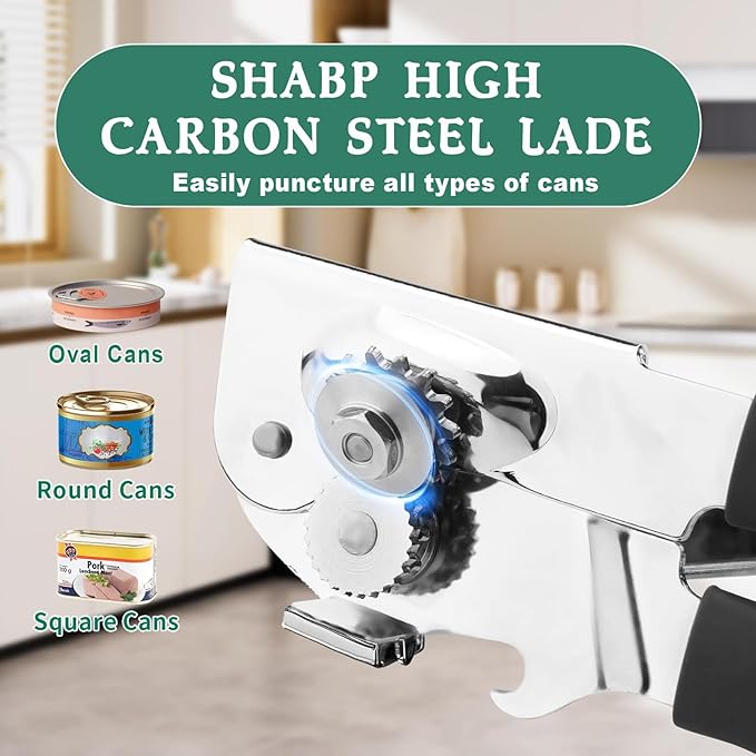Manual Can Opener with Magnetic Lid Lifter – Heavy-Duty Handheld Can Opener for Large Cans with Ergonomic Handle, Bottle Opener Hook, Smooth Edge Cutting