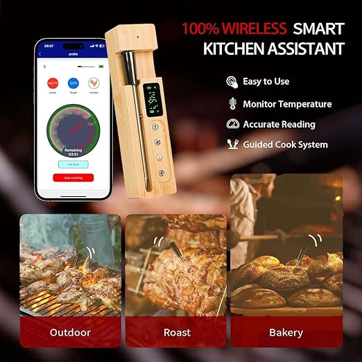 Wireless Meat Thermometer Digital, Smart Bluetooth Instant Read Thermometer，±0.9℉ Accuracy, IP68 Waterproof Food Thermometer for Oven, Smoker, BBQ, Rotisserie, Kitchen