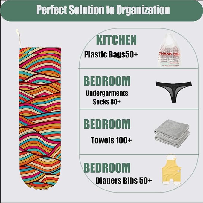 2 Pcs Geometric Waves Plastic Bag Holder, Colorful Wall Mount grocery bag holder for plastic bags, Washable Grocery Bags Storage Dispenser for Home Kitchen Pantry Decor, Abstract Art Gifts for Women