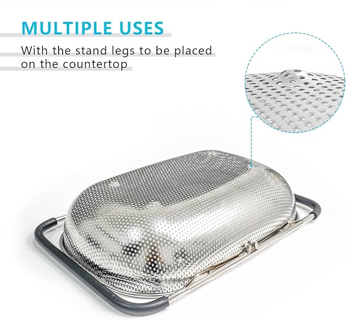 REDANT Over the Sink Metal Strainer and Colander for Kitchen - Large Food Strainers and Colanders with Rubber Grip - Sieve Fine Mesh Stainless Steel for Spaghetti, Pasta, Rice, Fruits, Vegetables