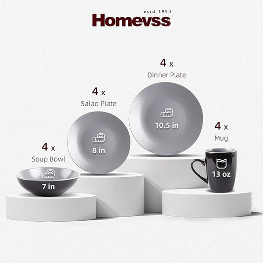 Stoneware Two-Tone Colors Life 16pc Dinner Set, Outside Shiny Black + Insdie Matte Glaze Light Grey