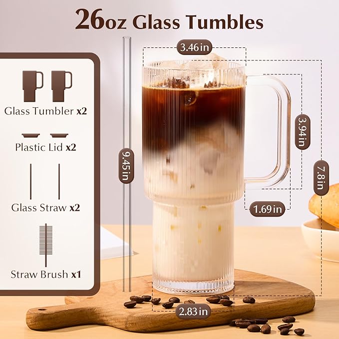 GOSCHE 26oz Glass Tumbler with Straws and Lids, Ribbed Iced Coffee Cups, Thickened Glass Cups Set Ideal for Coffee, Smoothies, Cocktails, and Juices, Clear, 2 Pack