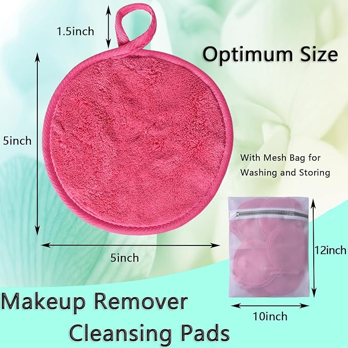 Large Reusable Makeup Remover Pads for Face, Soft Microfiber Makeup Remover Cloths Washable, Premiun 5 INCH Face Cleaning Pad with Laundry Bag, 12 Pack Pink