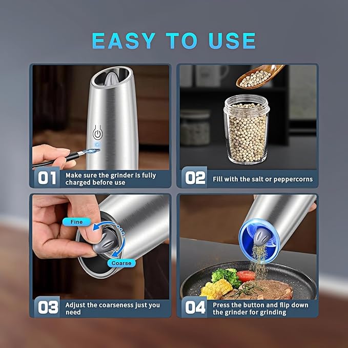 Gravity Electric Salt and Pepper Grinder Set, USB-C Rechargeable, No Battery Needed,One-Touch Automatic Shakers, Adjustable Coarseness, Kitchen Utensils for Dining Cooking(Silver,2 Pack)