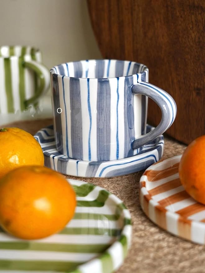 8Oz Stylish Handmade Vertical Striped Coffee Mug Espresso Cups With Saucer, Easthetical Ceramic Coffee Mugs, Glazed Tea/Coffee Cup With Saucer, Microwave safe and dishwasher safe Latte art mug (Blue)